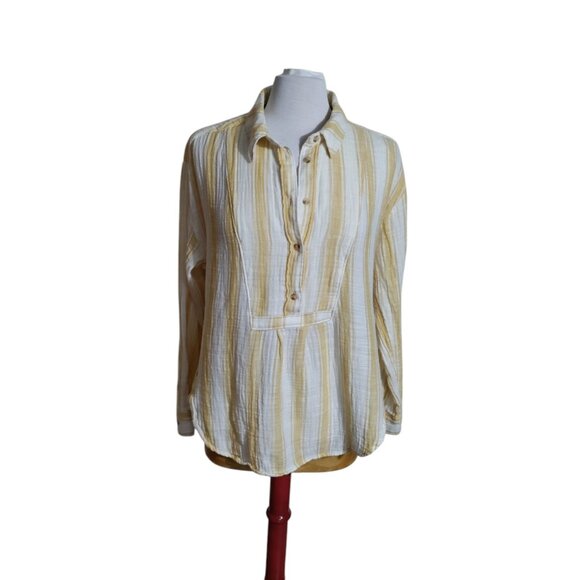 ANTHROPOLOGIE By Anthropologie Side-Button Yellow White Top Women Size L - Picture 1 of 10